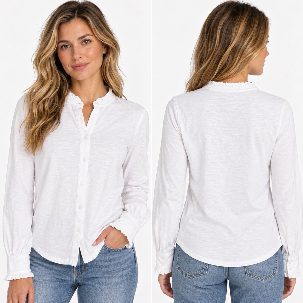 Boden white cotton ruffle-neck blouse Size 8 Button Up